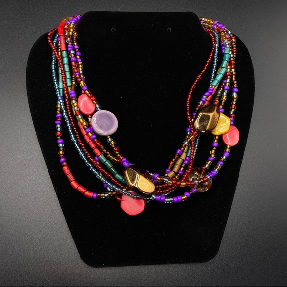 Seed Bead Multi Strand Red Gold Purple Glass Beads Wood Beads Colorful Necklace - Picture 5 of 9